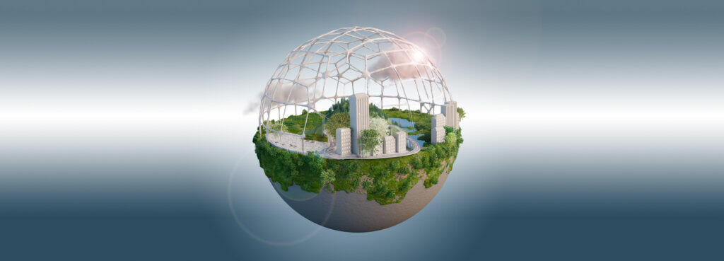 A futuristic, sustainable city on a floating, green hemisphere with a transparent dome serving as a protective structure.